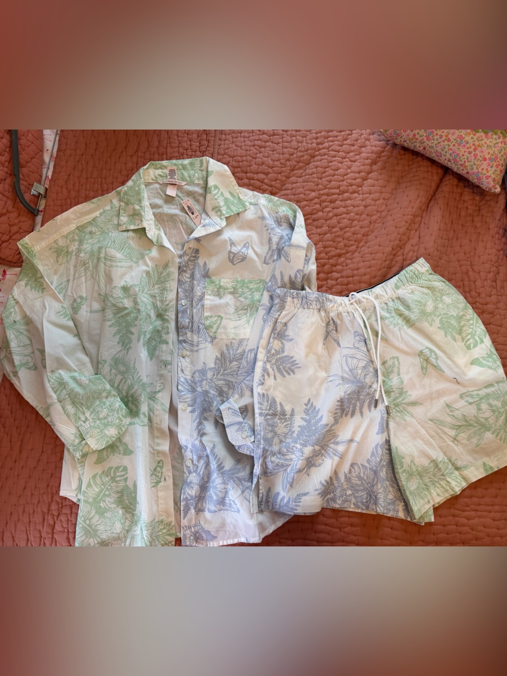 Tropical Print Lightweight Cover Up Set - Pastel Green & Blue